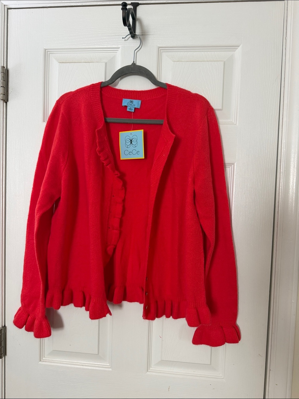 CeCe coral red ruffle sweater cardigan sz XL